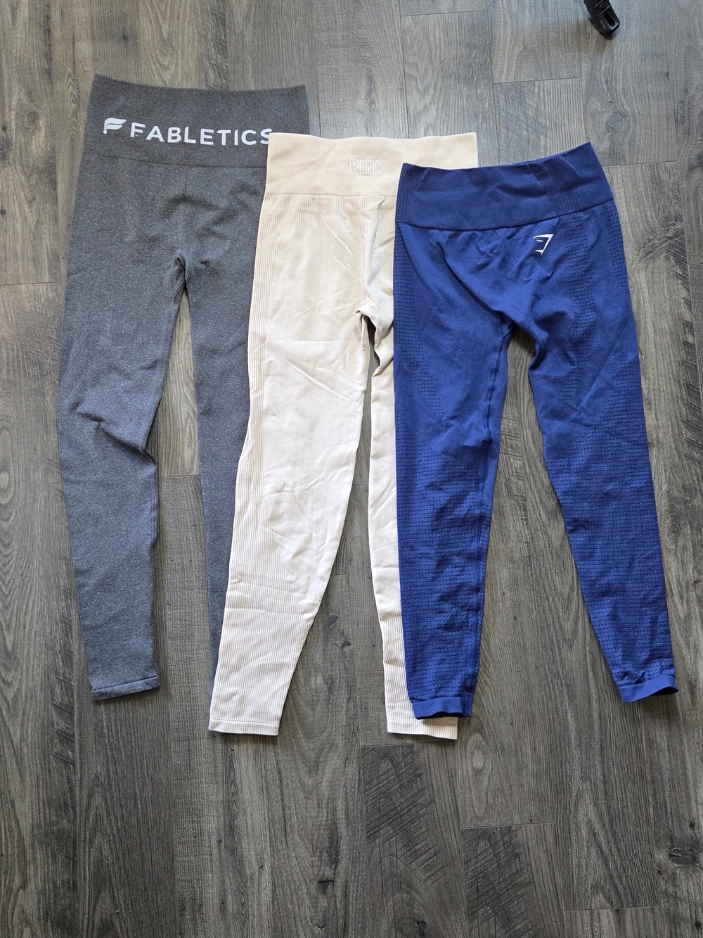 Gymshark, Fabletics, VS Seamless Leggings Trio in Gray, Cream & Navy Blue